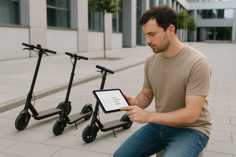 Homme comparant plusieurs trottinettes électriques avec une tablette pour faire le bon choix en 2025
