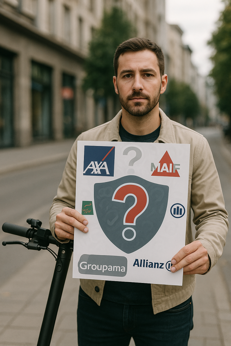 Homme tenant une affiche avec logos d'assurances et point d’interrogation pour choisir une couverture trottinette électrique