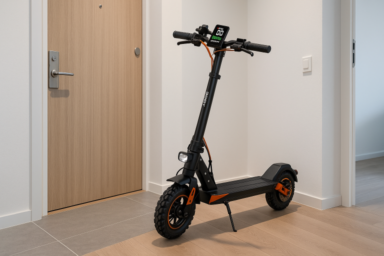 Trottinette électrique Joyor S5-Z rangée dans un appartement moderne pour un usage urbain quotidien