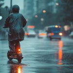 Personne en trottinette électrique sous la pluie en ville, portant un imperméable et un casque