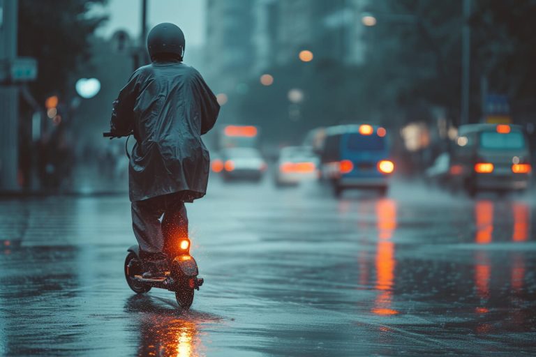 Personne en trottinette électrique sous la pluie en ville, portant un imperméable et un casque