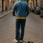 Homme de dos en trottinette électrique JOYOR S5-Z illustrant mon bilan après 6 mois sans voiture