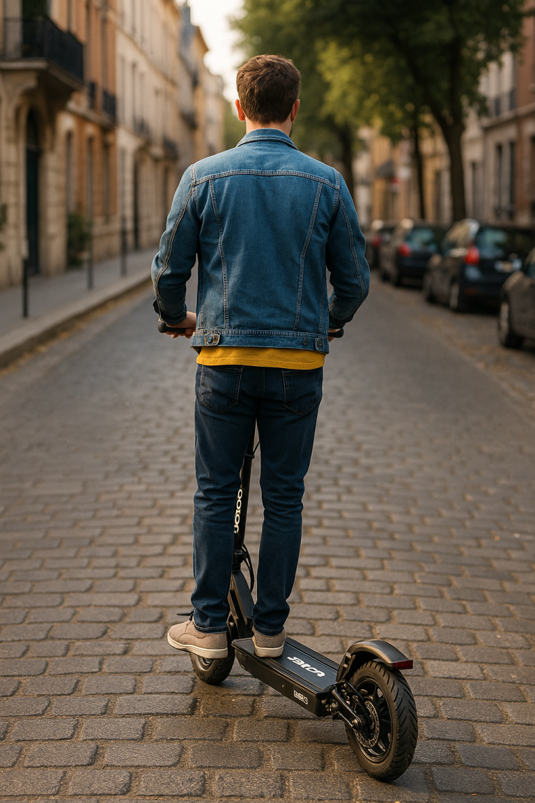 Homme de dos en trottinette électrique JOYOR S5-Z illustrant mon bilan après 6 mois sans voiture