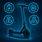 trottinette électrique futuriste de 2026 avec symboles d’intelligence artificielle, batterie et connectivité