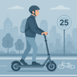 Conducteur portant un casque roule en trottinette électrique sur piste cyclable, panneau 25 km/h visible — réglementation 2026 en France